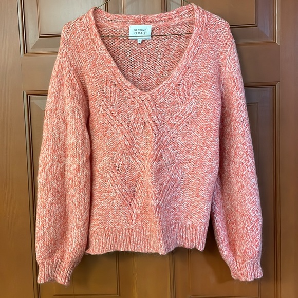 Second Female West Knit V-neck Wool Mohair Pink Orange Sweater L - Picture 3 of 5